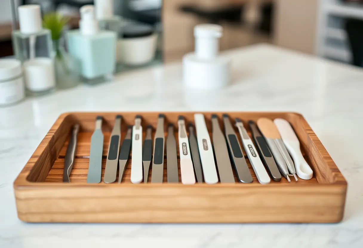 Outils de manucure bien rangés sur un plateau en bois