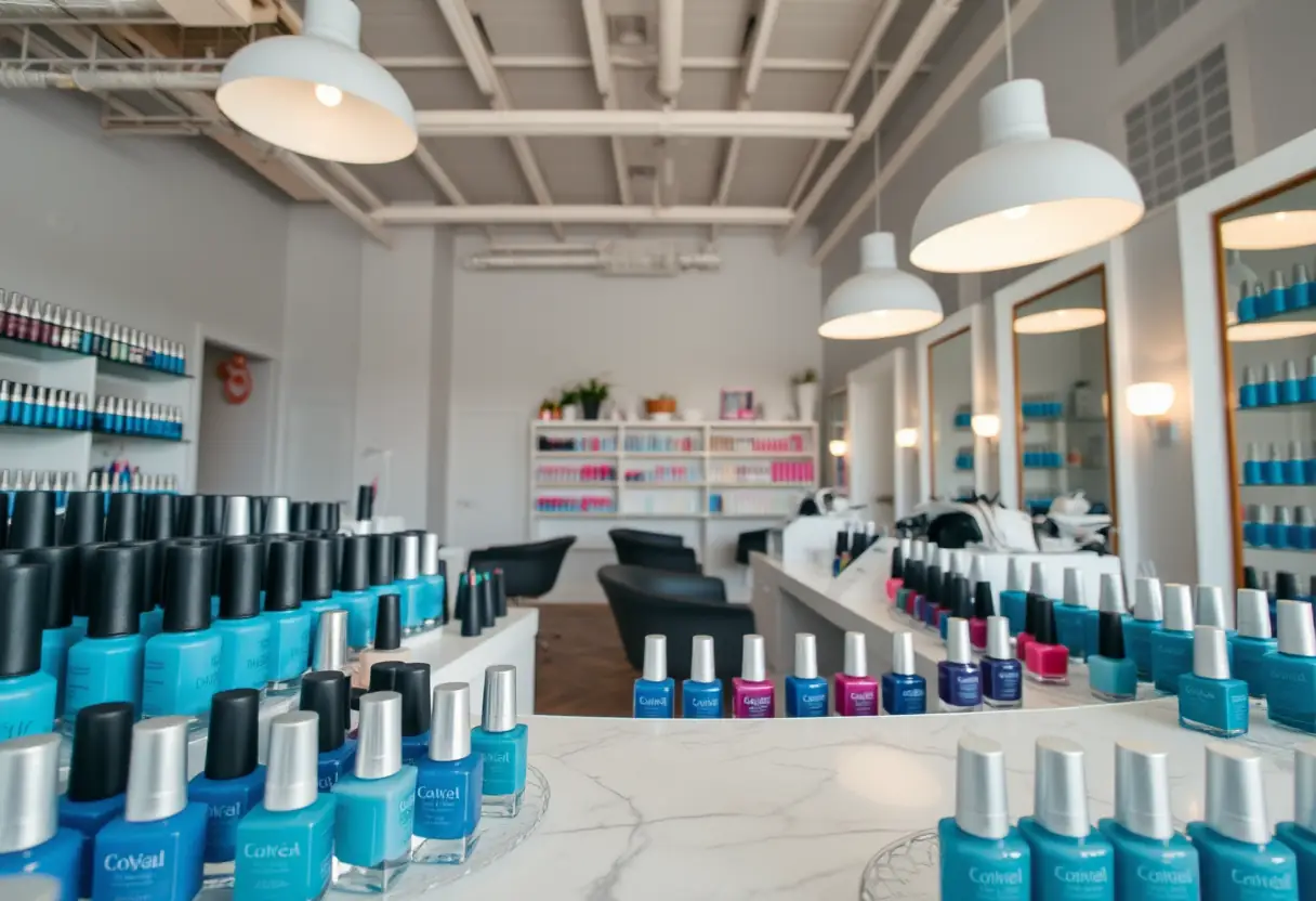 Bottes de vernis bleu sur le bureau d'accueil d'un salon de manucure