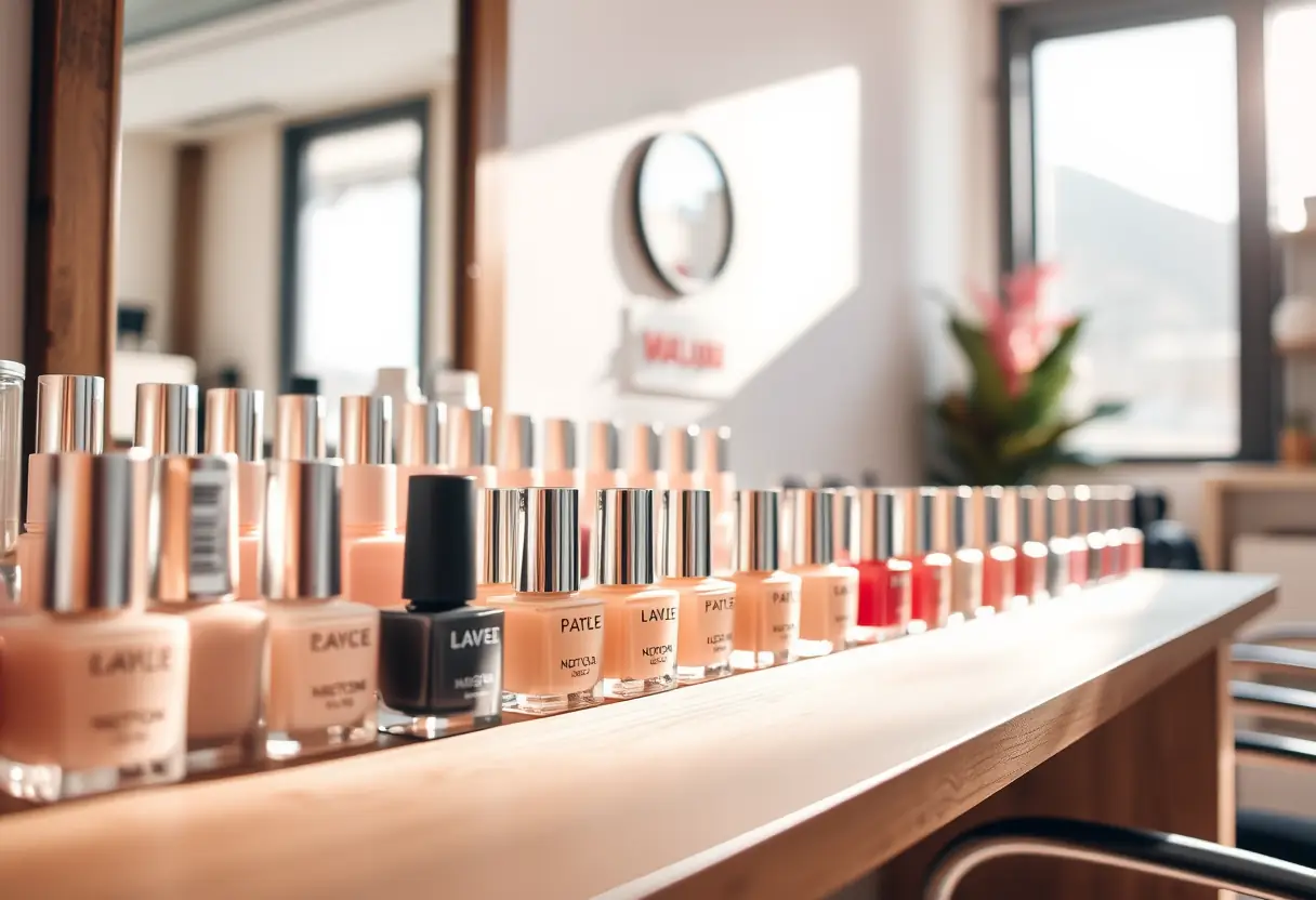 Bouteilles de vernis nude et rose rangées sur une étagère en bois dans un salon de manucure, lumière naturelle