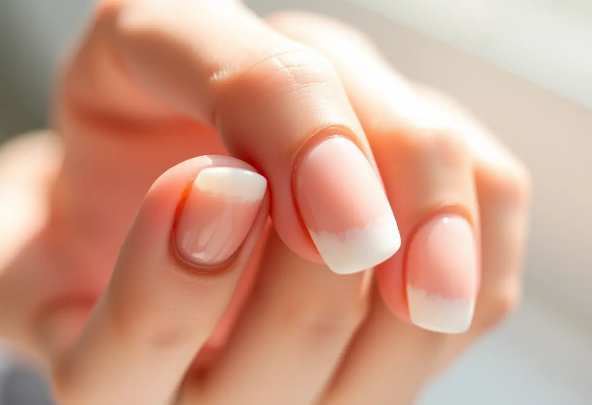 Manucure Baby Boomer subtile sur une main, effet ombré naturel, lumière douce