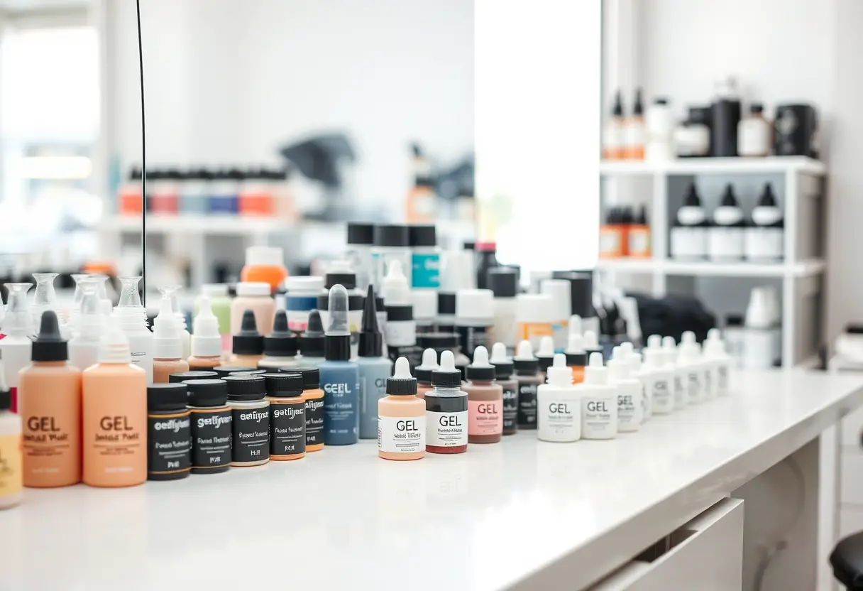 Bouteilles de gels et poudres acryliques bien organisées sur un comptoir blanc dans un salon de manucure professionnel