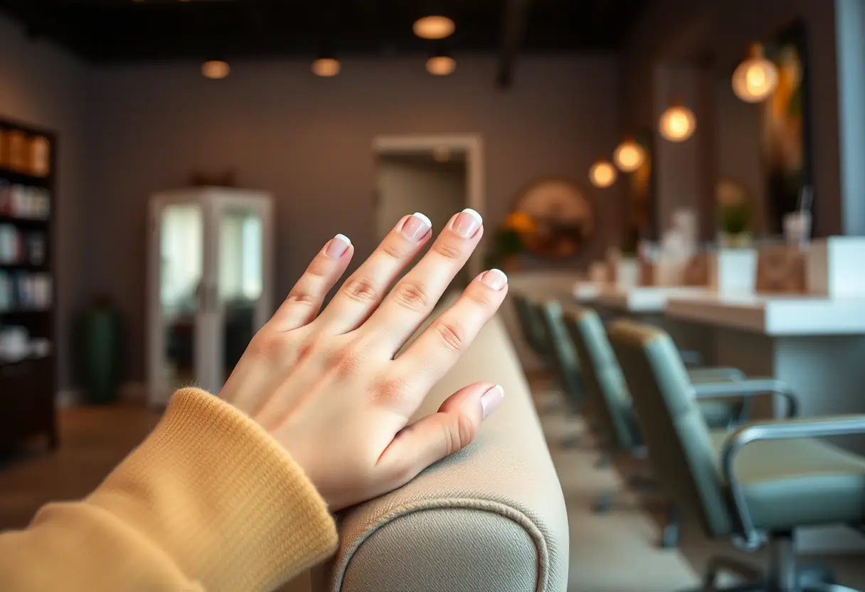 Mainucure dégradée sur les mains d'une cliente dans un salon de manucure