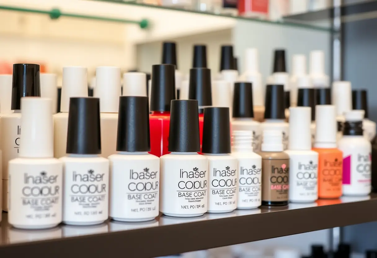 Bouteilles rangées contenant différentes bases de vernis dans un salon d'esthétique