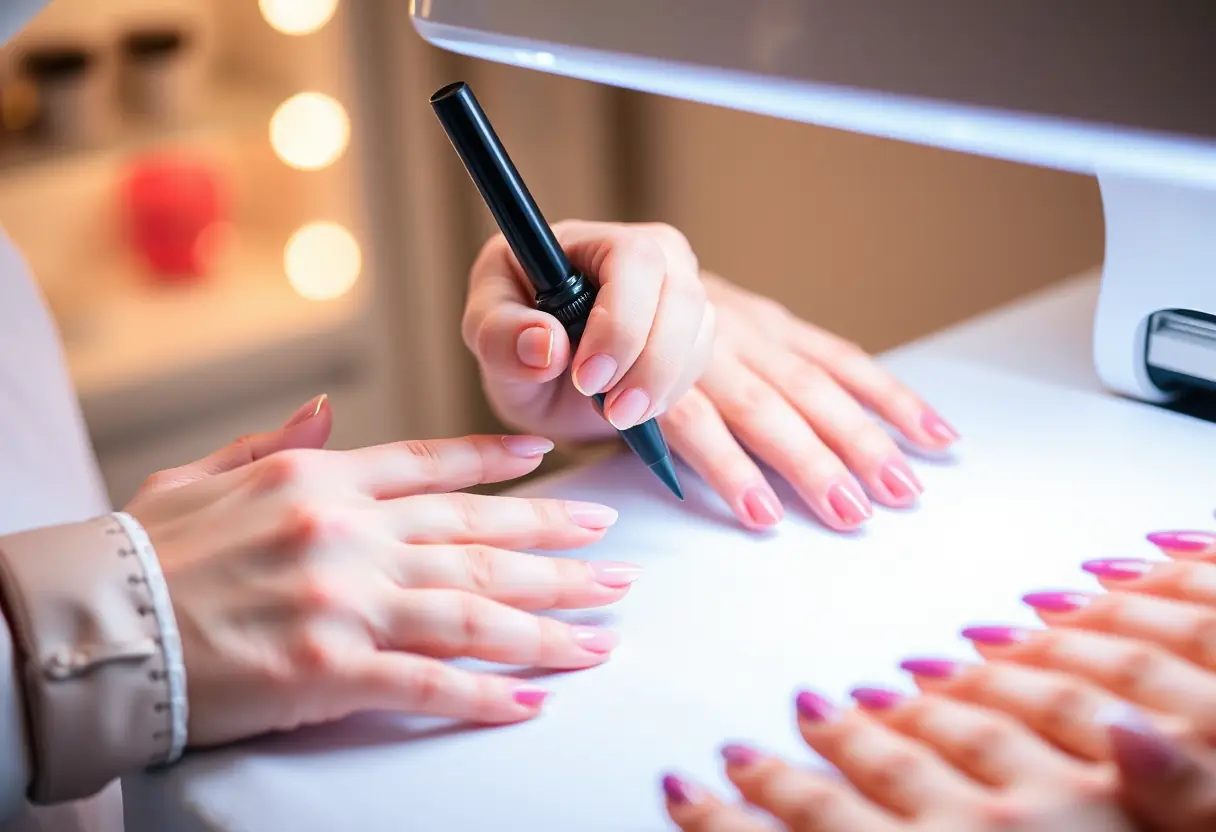 Main technicienne appliquant délicatement du polygel sur des ongles bien entretenus, lumière naturelle