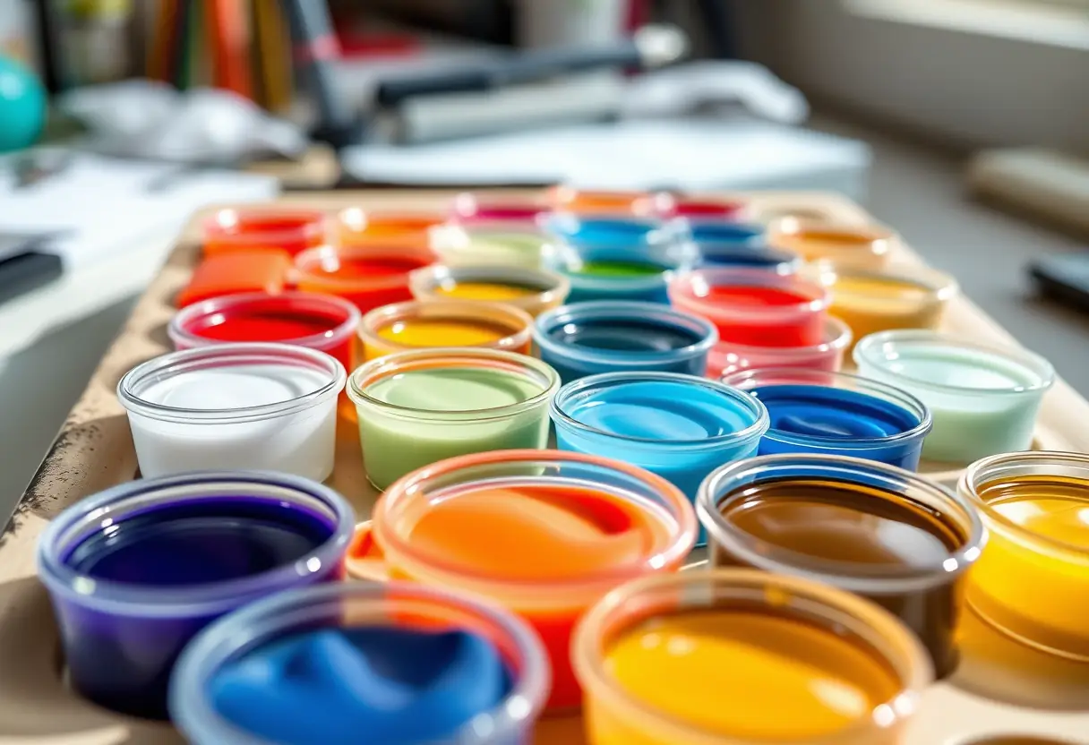 Palette contenant diverses teintes de polygel rangées dans de petits récipients, lumière naturelle