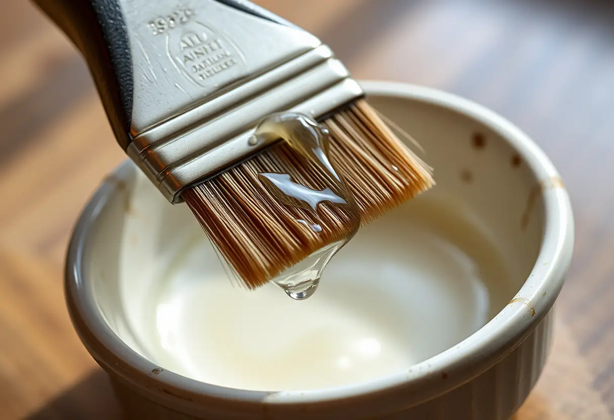 Pinceau de pose avec du liquide slip sur les poils, prêt à être utilisé pour poser des ongles en polygel