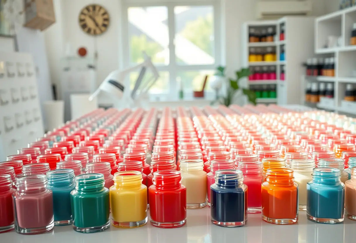 Un bureau bien éclairé rempli de bocaux de polishes à ongles colorés organisés en rangées, reflétant la lumière naturelle