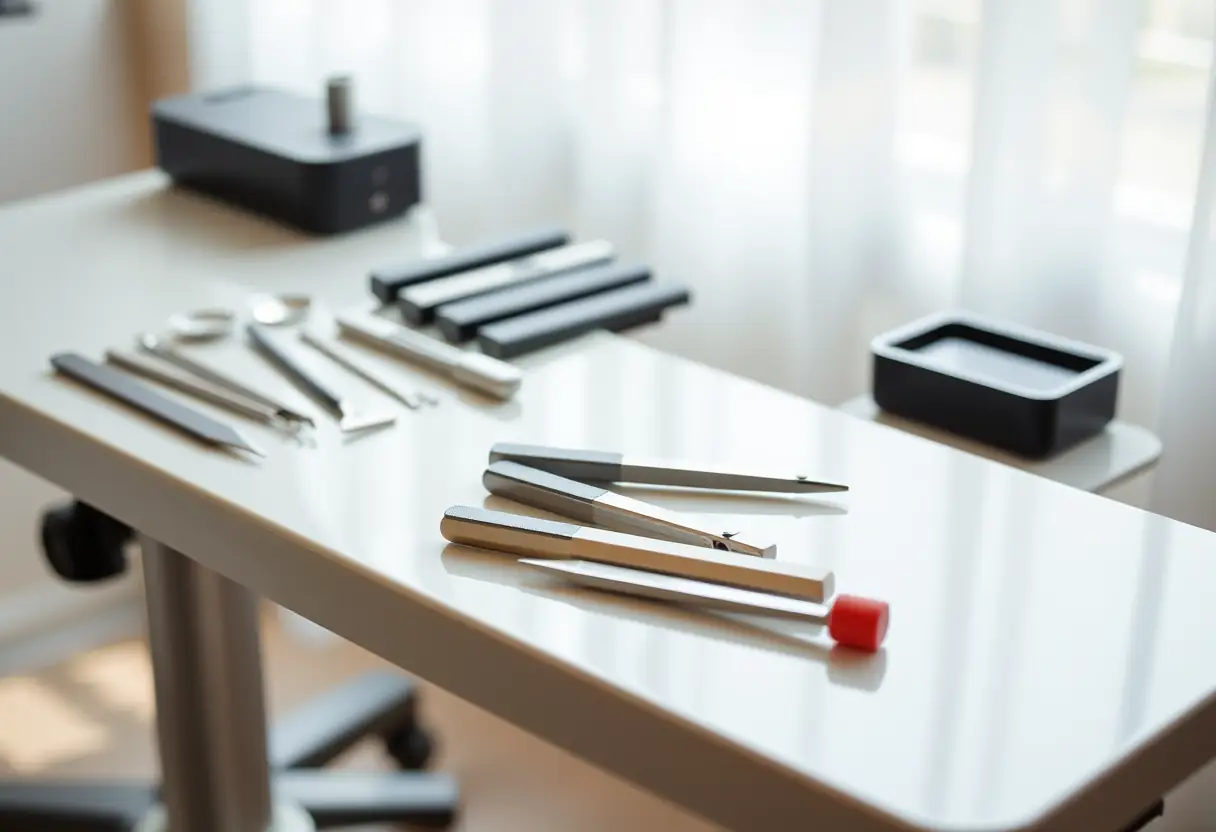 Vue rapprochée d'une station de manucure professionnelle avec une table réglable en hauteur, des outils métalliques et des éponges de polissage disposés méthodiquement