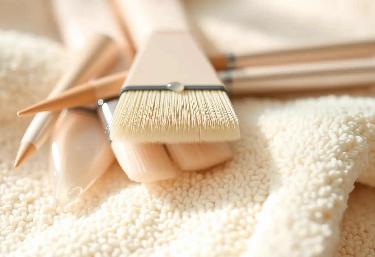 Outils de manucure posés sur un linge, gouttes de vernis clair