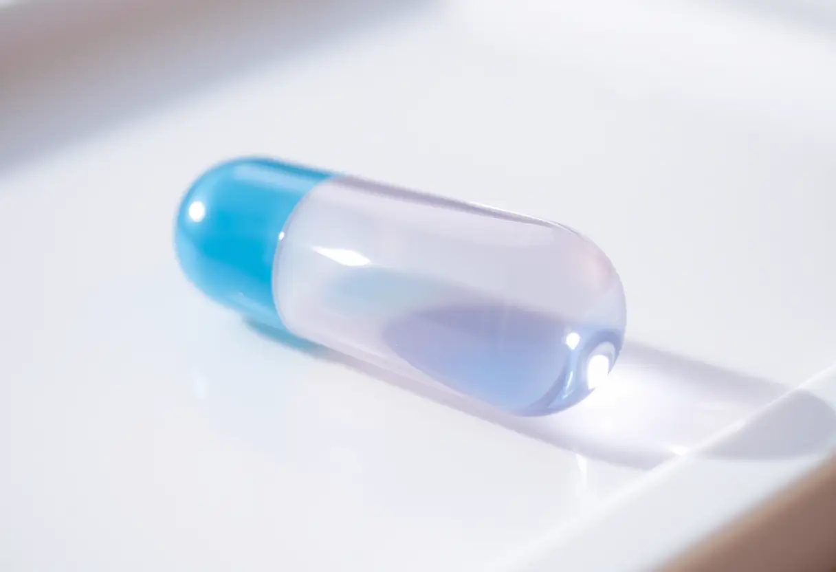 Capsule polygel posée sur un plateau de manucure