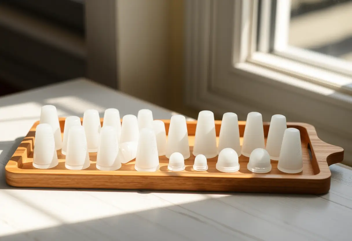 Des capsules d'ongles bien rangées sur un plateau en bois, éclairées par la lumière du jour