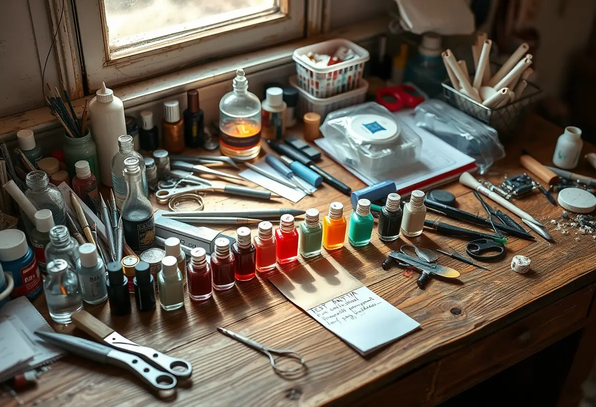 Bureau en bois avec outils et produits pour prothèse ongulaire