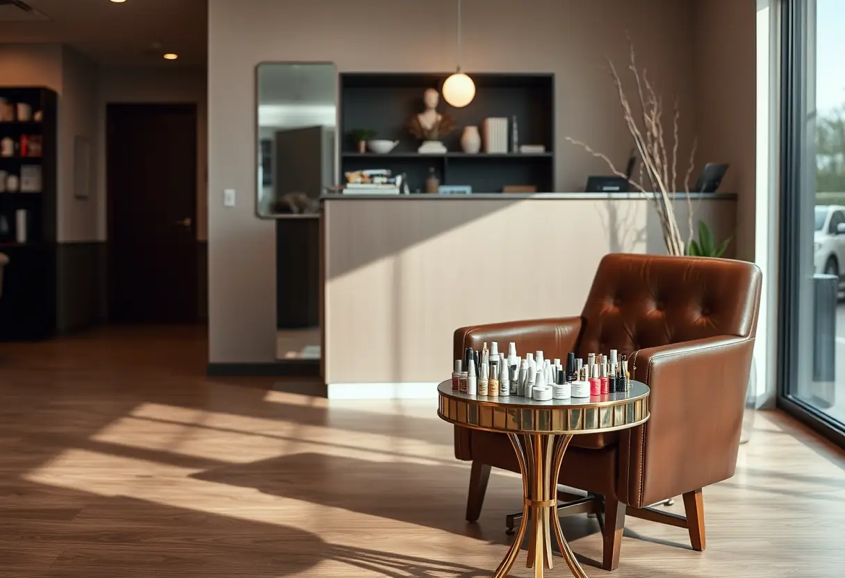 Réception de salon de nail art avec fauteuil confortable et table présentant divers outils et gels pour les ongles