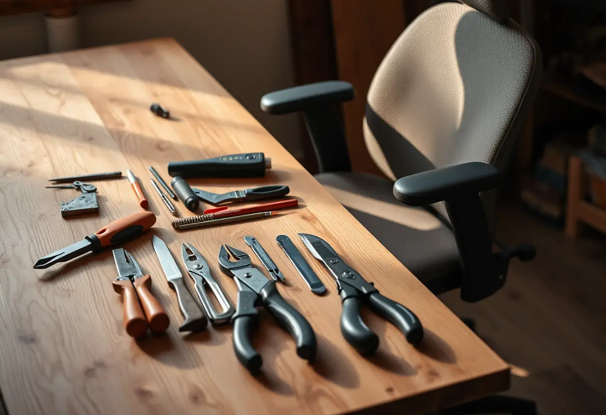 Des outils bien rangés sur une table de travail avec un fauteuil confortable