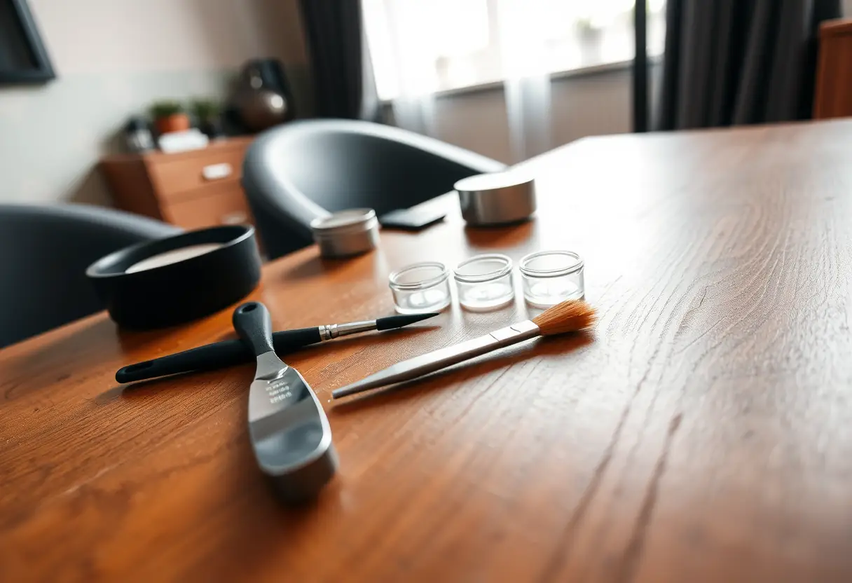 Outils de nail art disposés sur une table de salon, lumière naturelle