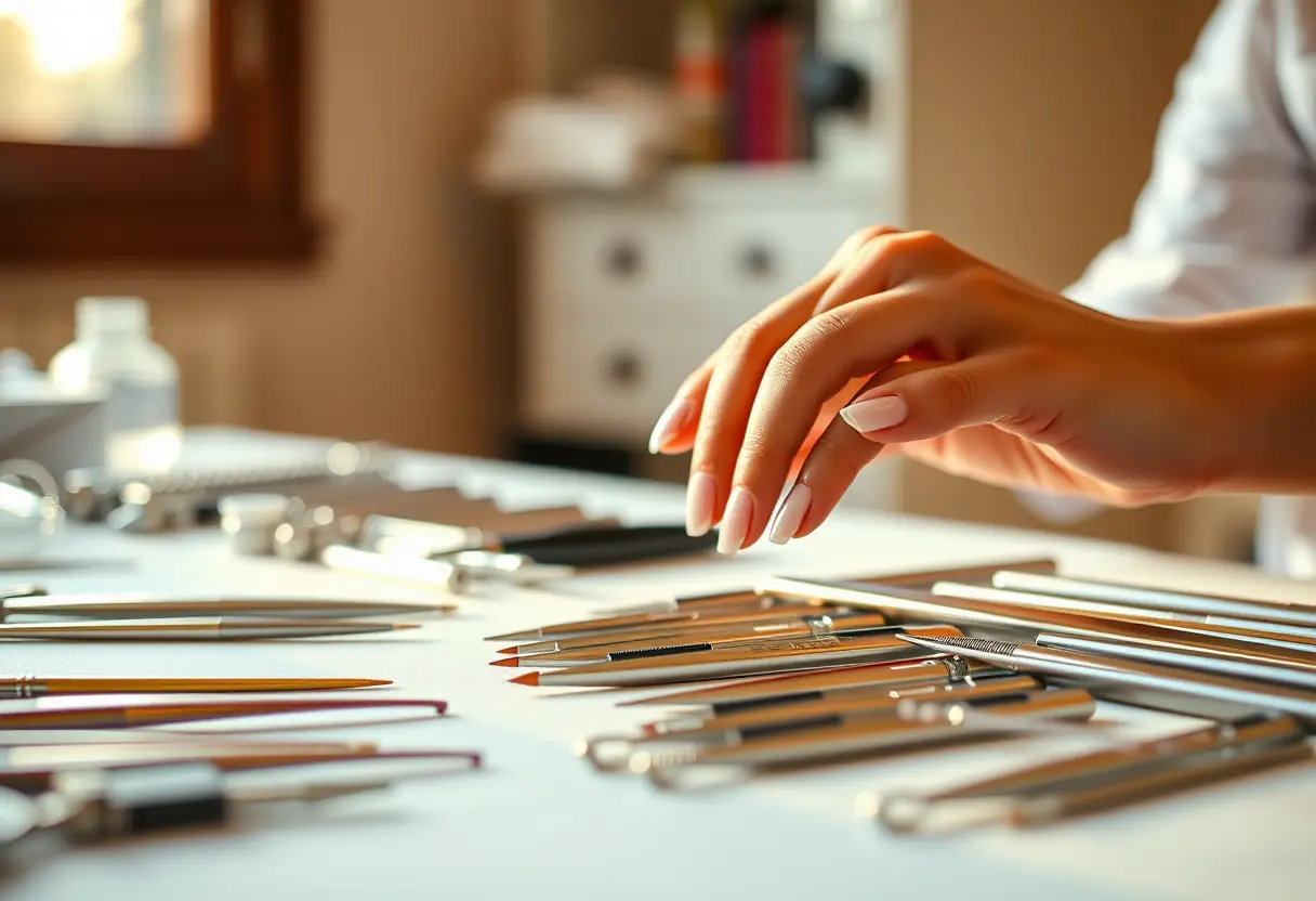 Ongles soigneusement entretenus sur une table de manucure avec des outils organisés