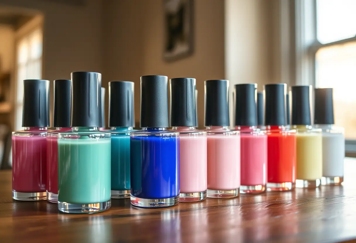 Des bouteilles en plastique transparent remplies de gels polychromes disposées sur une table en bois, éclairées par la lumière du jour