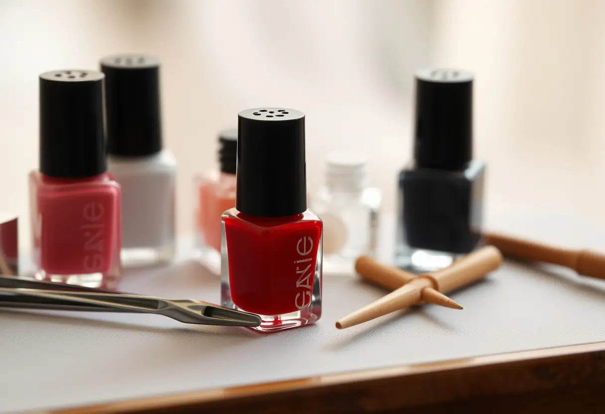 Un kit de manucure sur une table avec des bouteilles de vernis, des pinces et un cure-dent