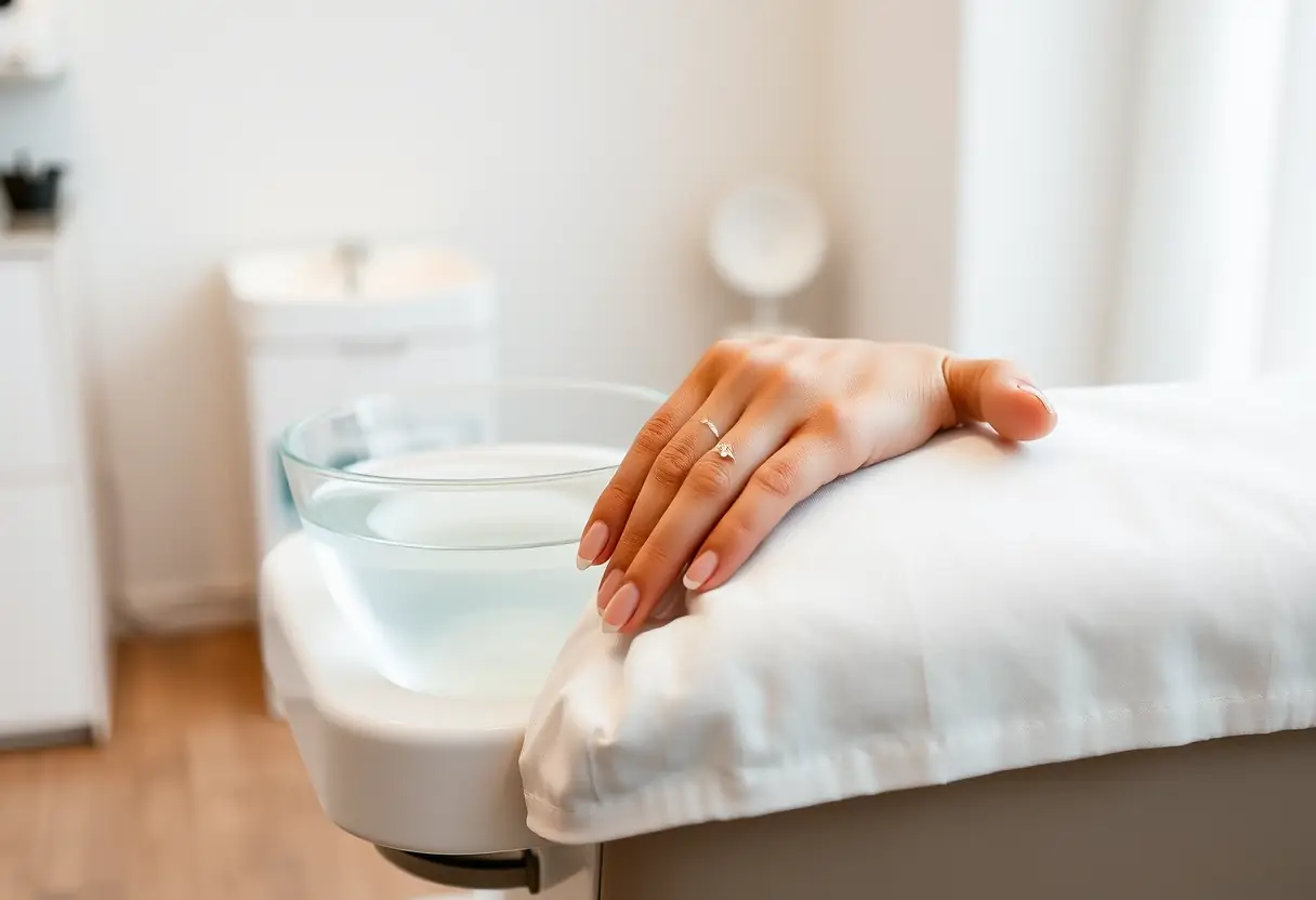 Une cliente pose sa main sur un coude blanc pendant un soin aux ongles en salon