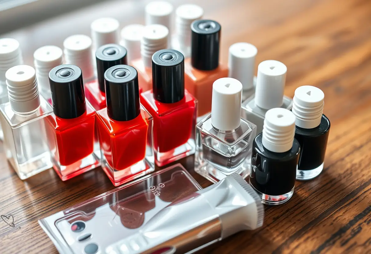 Kit de soins des ongles bien organisé avec différentes bouteilles de vernis