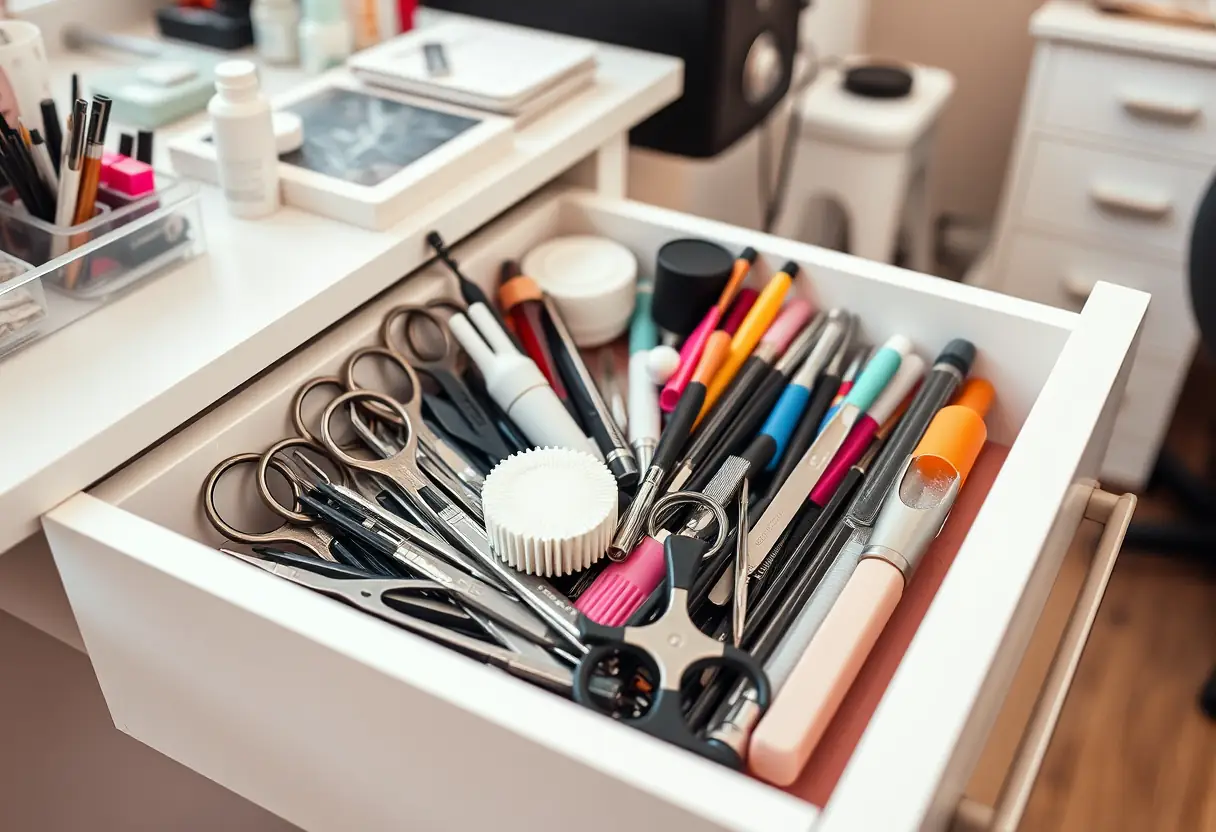 Un tiroir bien rangé contenant divers outils de soins des ongles dans un bureau professionnel