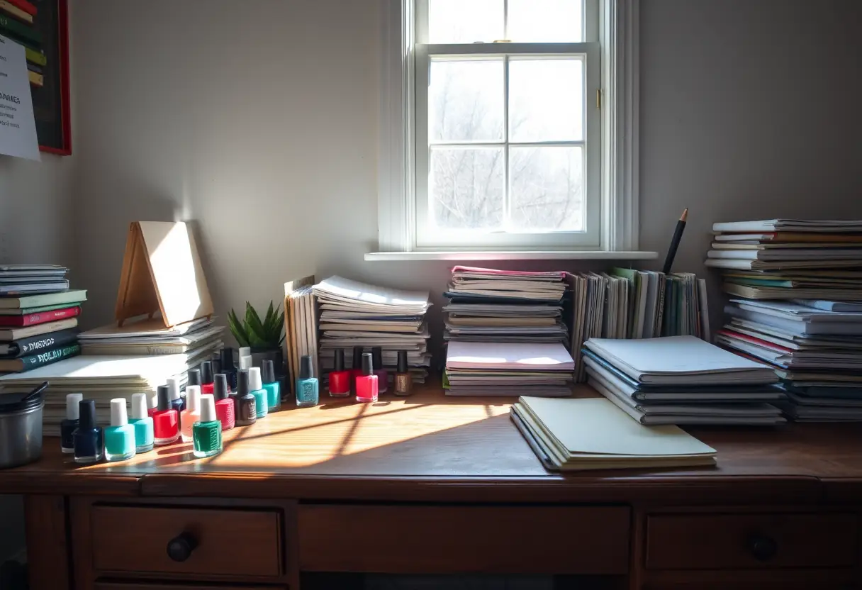 Un bureau en bois avec des bouteilles de vernis et des classeurs, éclairé par la lumière du jour