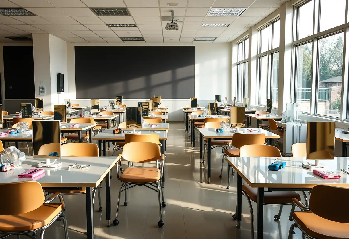 Une salle de classe avec des tables contenant des outils de nail art et des miroirs, éclairée par la lumière naturelle