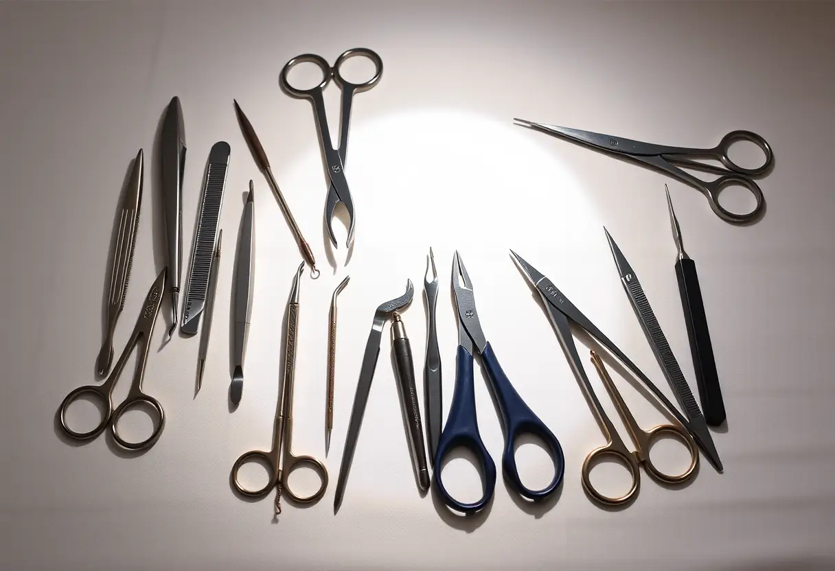Collection d'outils de manucure professionnels disposés sur une nappe blanche, éclairage accentuant leur précision et diversité