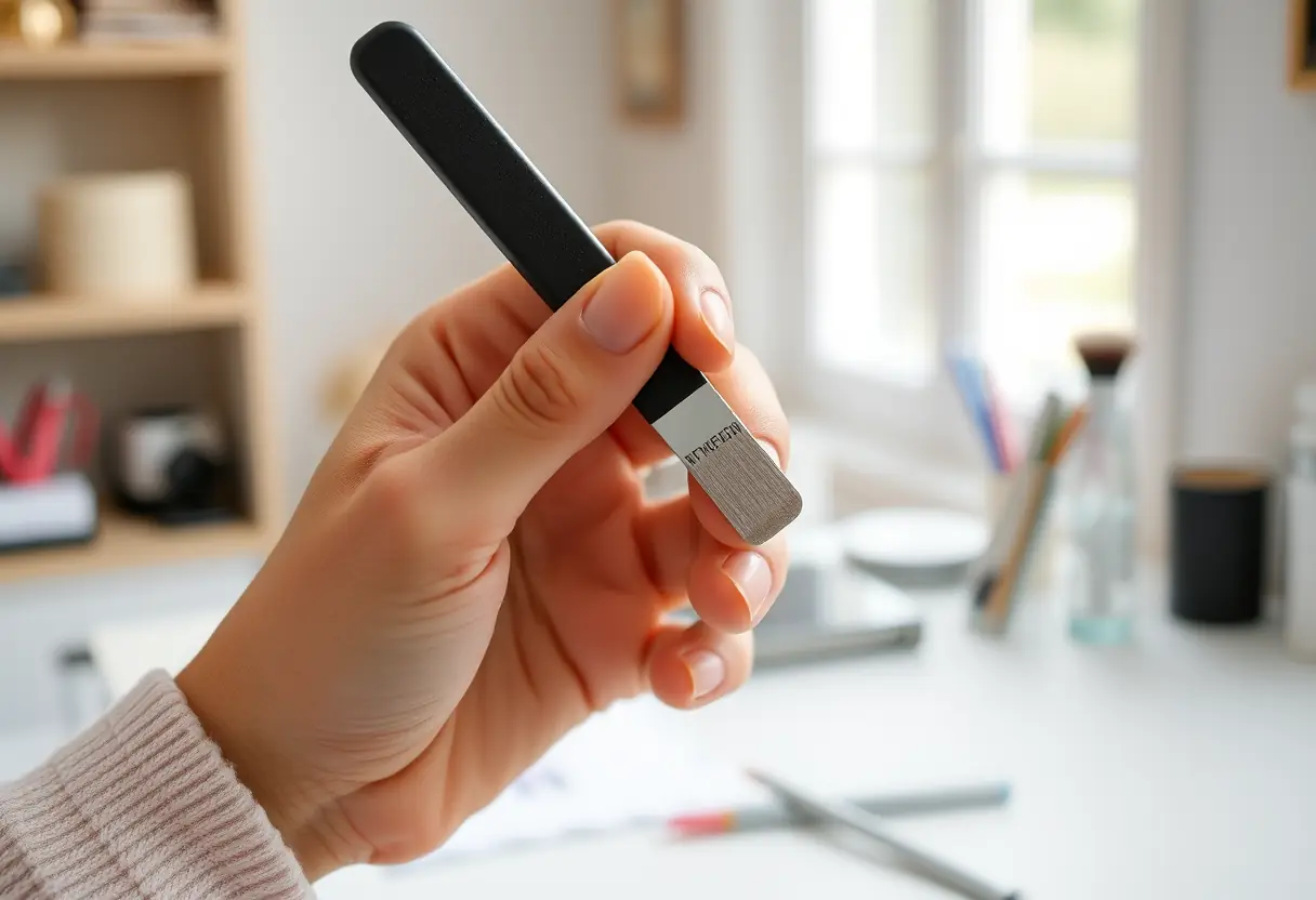 Main utilisant un fiche professionnel pour lisser délicatement l'ongle après dissolution de l'acrylique