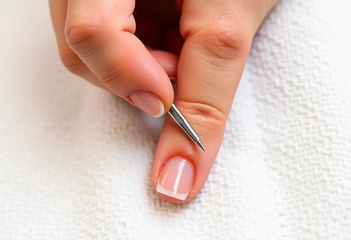 Outil de soin professionnel utilisé pour séparer délicatement l'acrylique de l'ongle naturel dans un salon de manucure