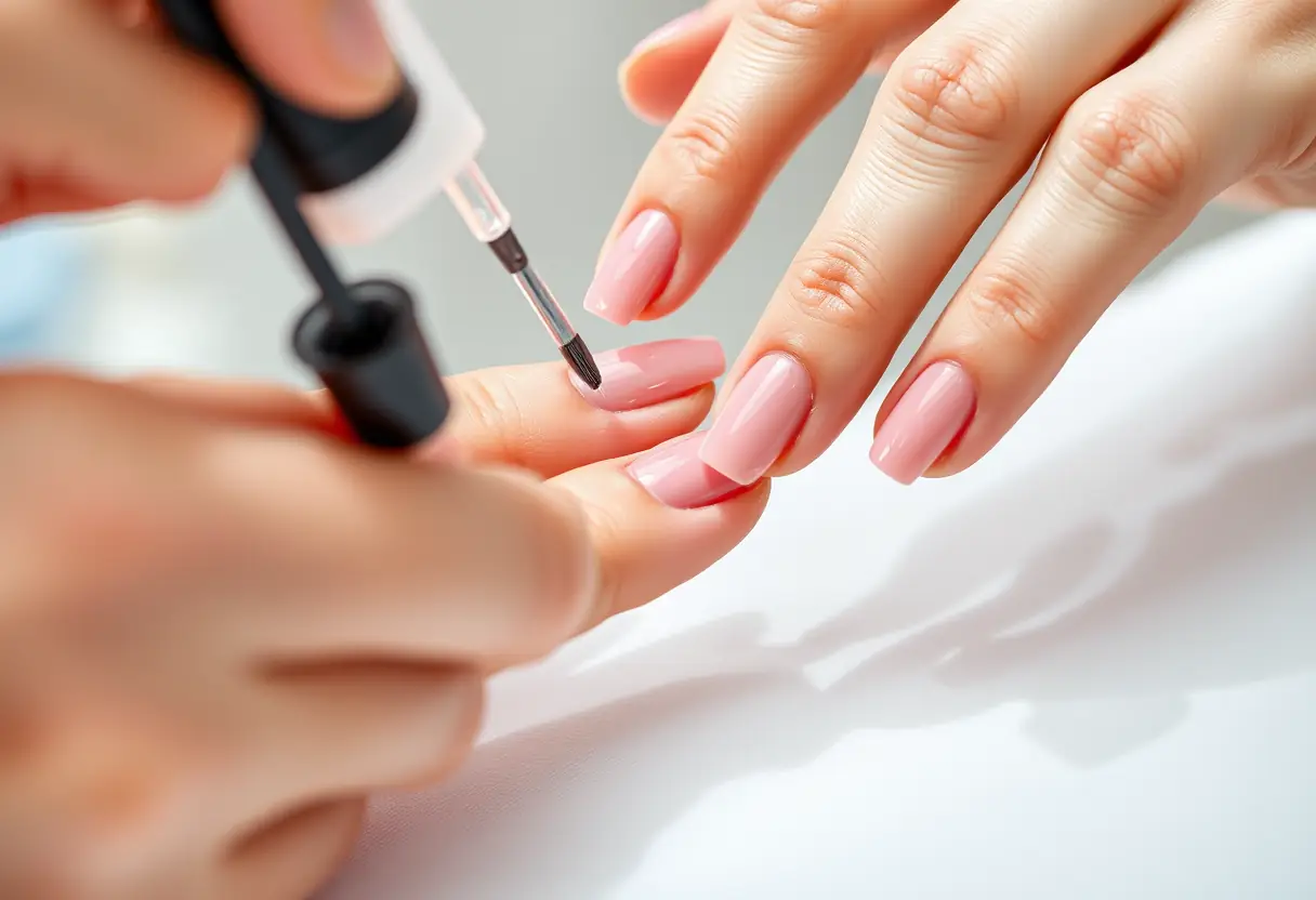 Une main de cliente dans un salon d'esthétique, l'acétone appliquée délicatement pour ramollir les ongles en polygel, lumière naturelle