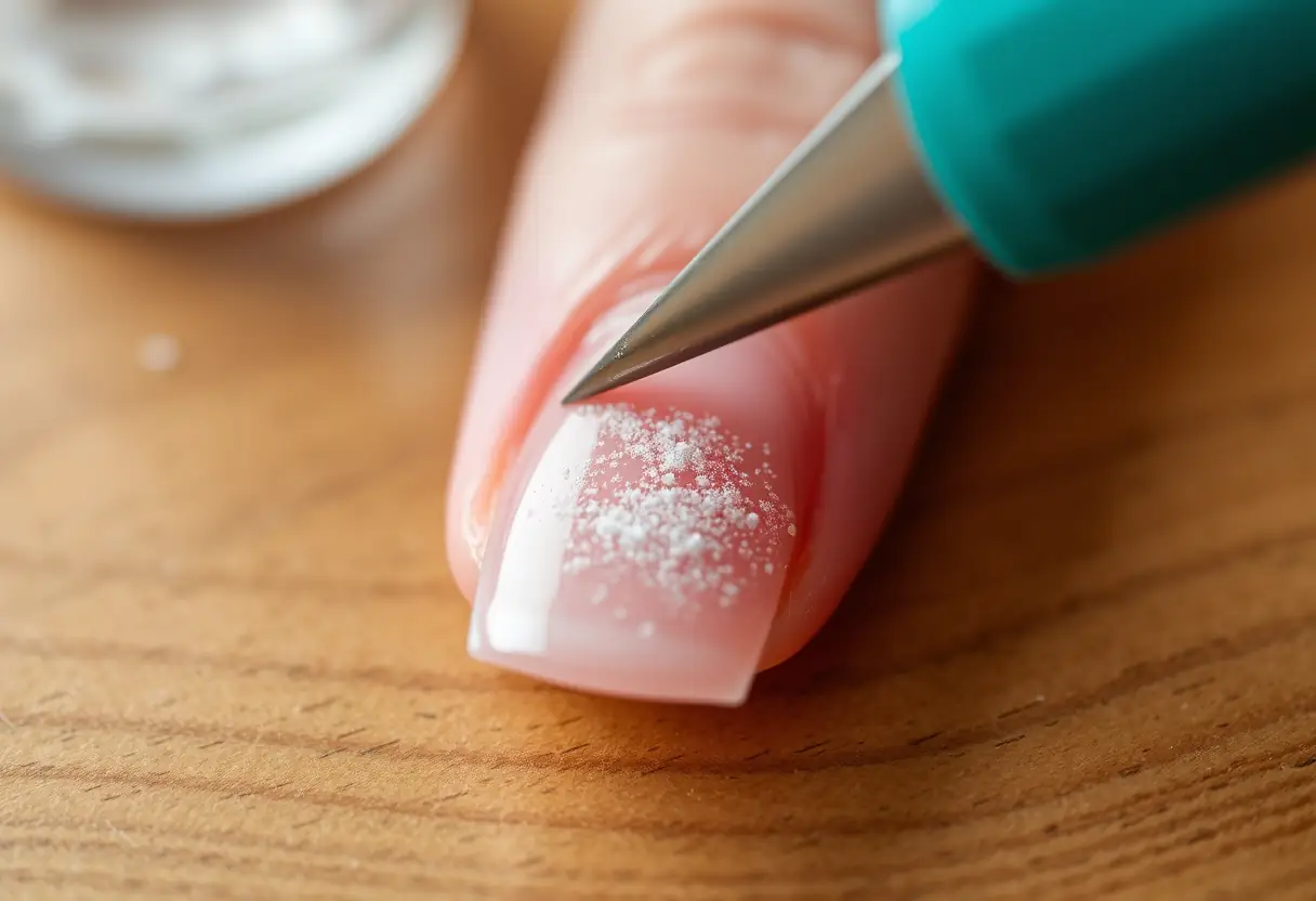 Un ongle acrylique en train d'être délicatement affiné avec un grain fin sur une table en bois