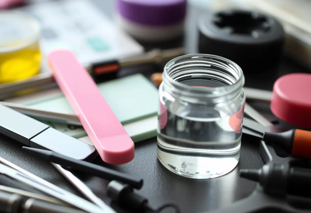 Outils de manucure sur un comptoir, incluant un fiche en acrylique rose et un petit bocal de solvant clair