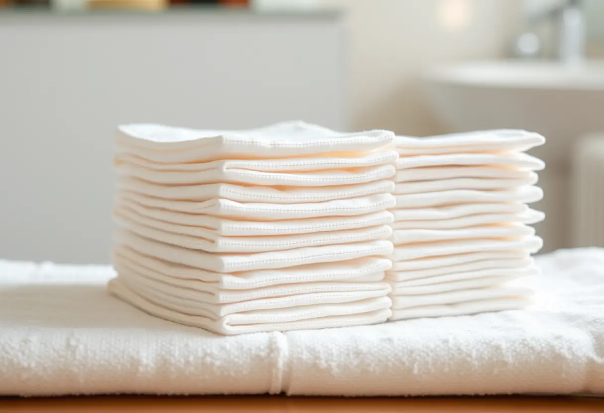 Paquets de compresse en coton blancs imbibés de liquide sur un linge, utilisés pour le retrait du polygel