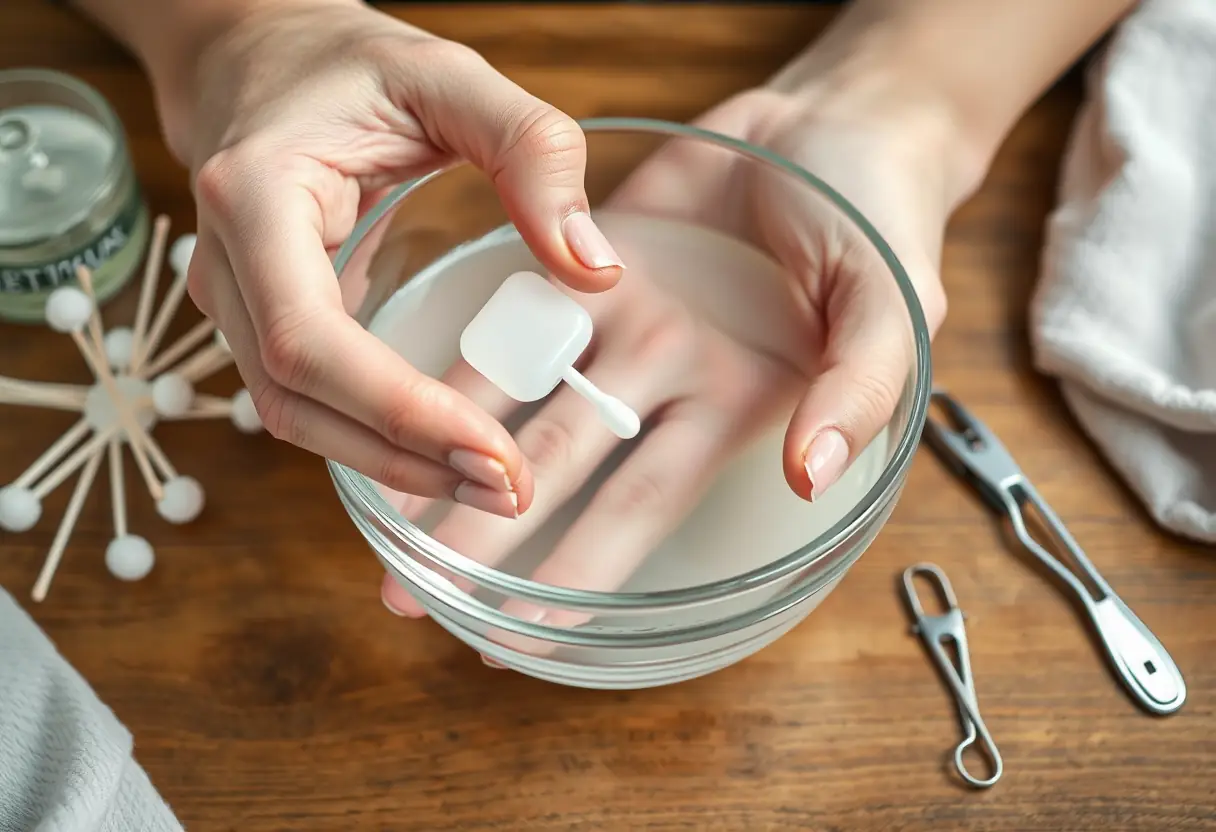 Main de femme trempée dans un bocal d'acétone pour retirer le vernis semi-permanent