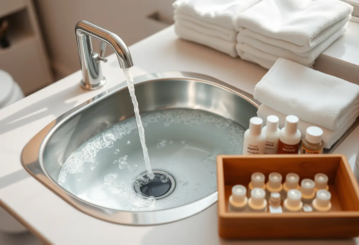 Station de travail d'un salon de manucure avec un bac à eau et des solutions de soins des ongles