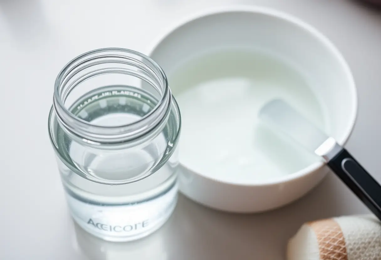 Un flacon d'acétone ouvragé près d'un bol d'eau chaude, utilisés dans la procédure de retrait des gels sur les ongles