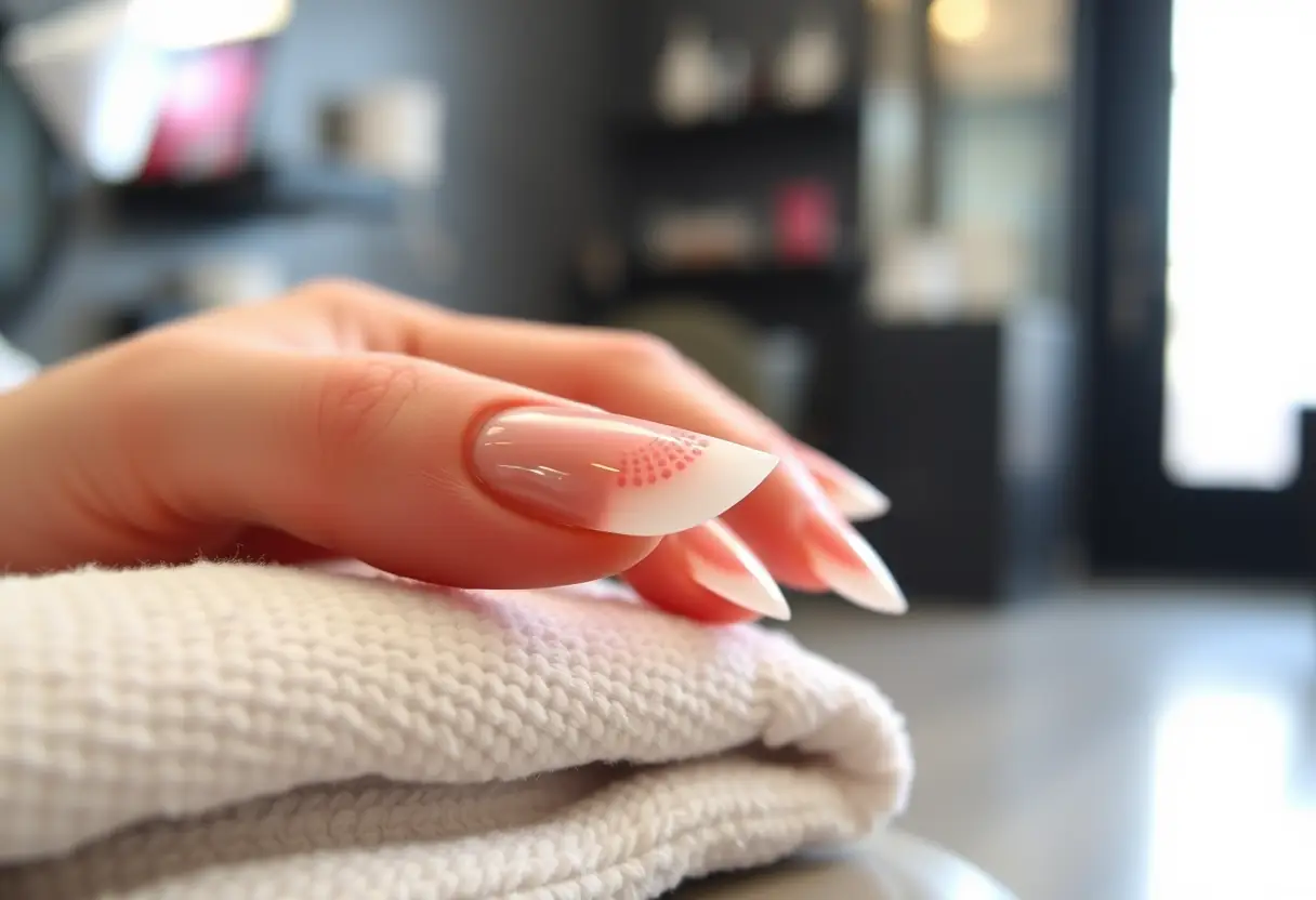 Ongle artificiel partiellement recouvert de vernis français posé sur un linge blanc dans un salon de nail art