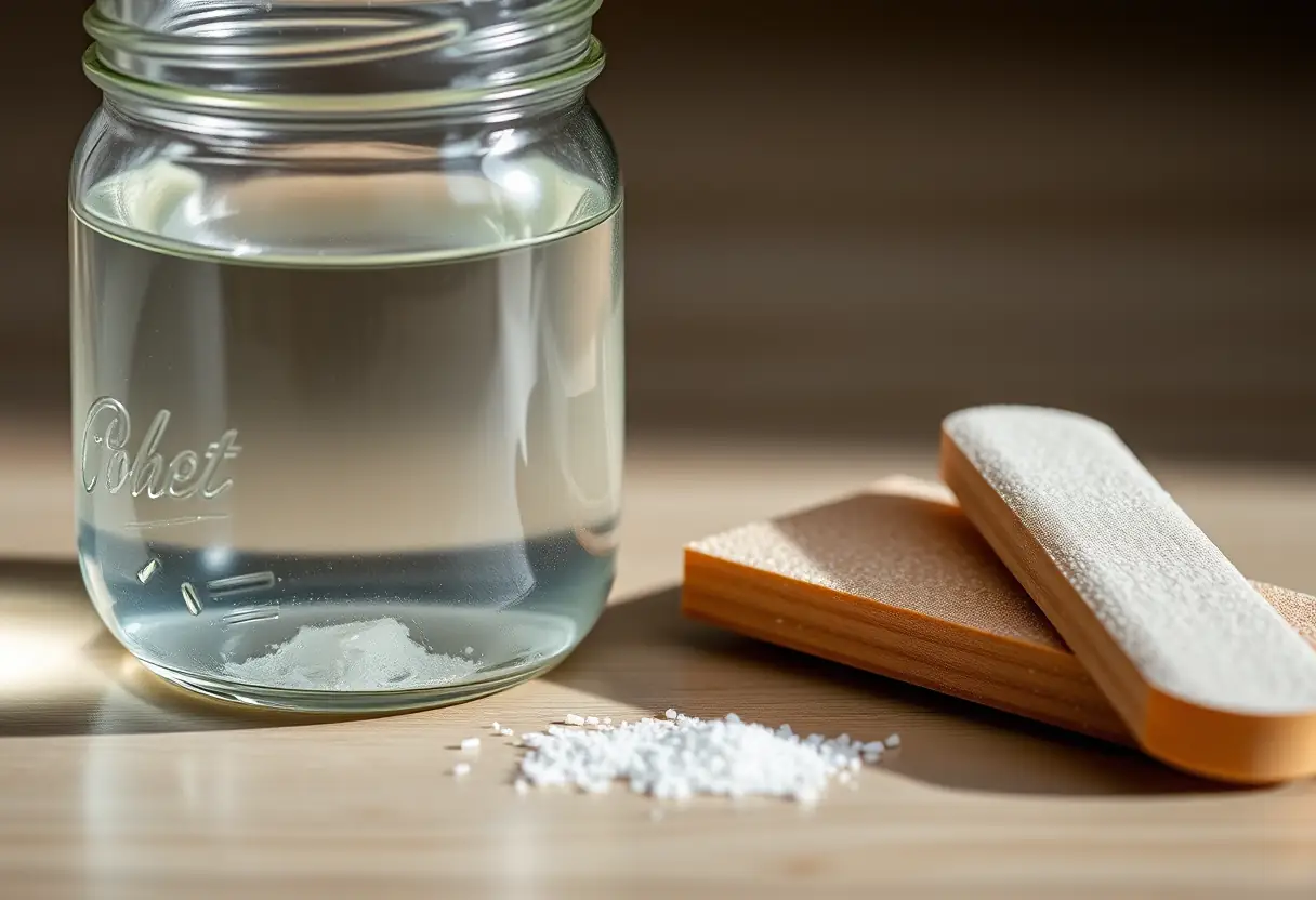 Bocal avec solution de décapage à côté d'une planche à ongles