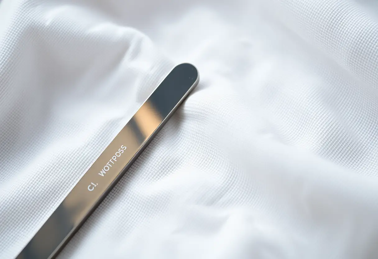 Un fichier à ongles en métal posé sur un tissu blanc, sans texte ni écriture