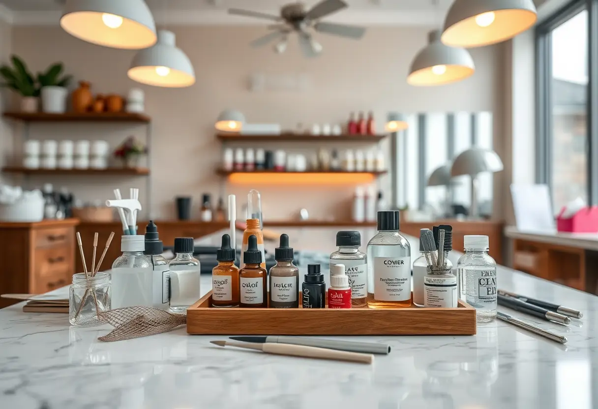 Un comptoir de salon de coiffure bien rangé avec des bouteilles de liquides divers pour soins des ongles