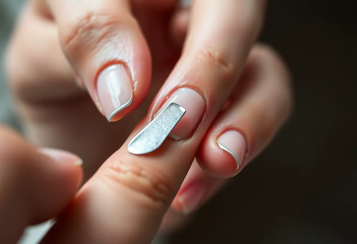 Main de cliente tenant lime métallique pour retirer pose américaine sans abîmer ongles naturels