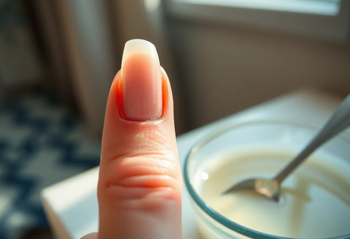 Ongle acrylique en train d'être retiré délicatement chez soi avec un bol d'eau chaude près