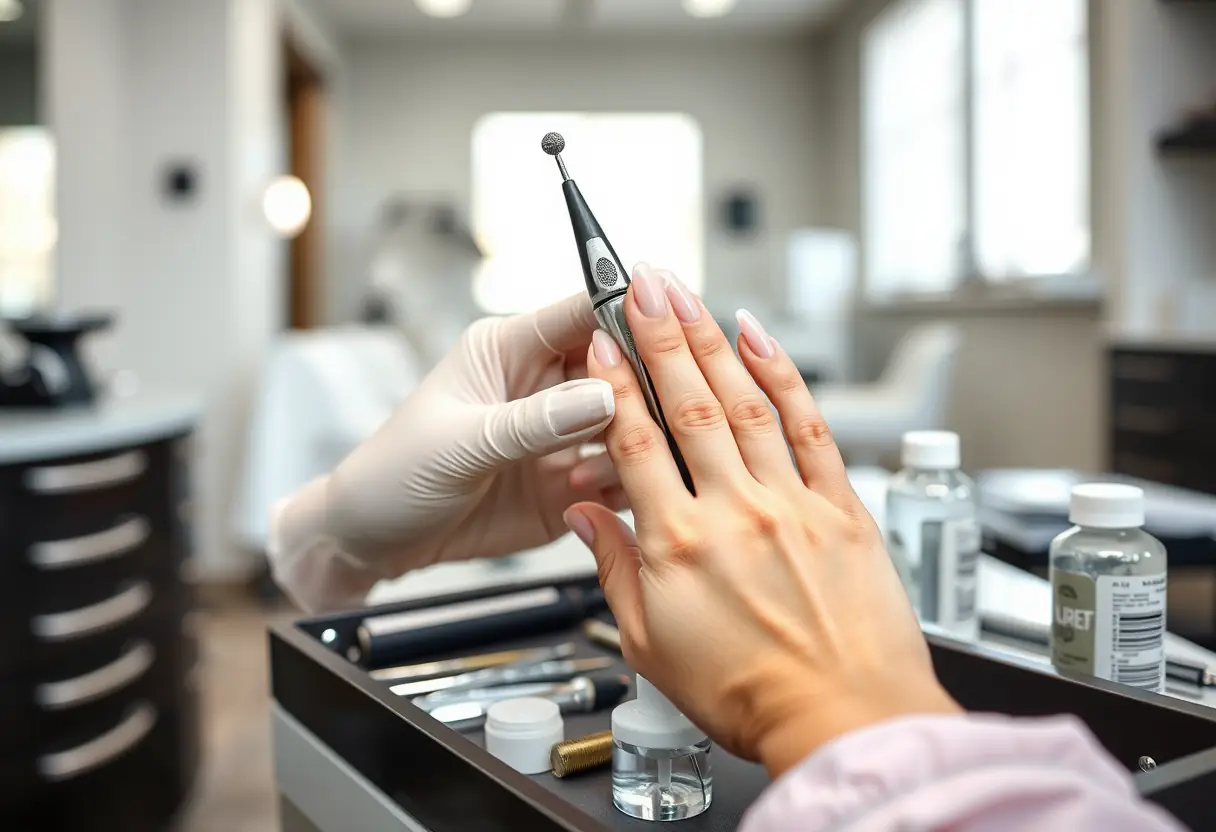 Mainicurier professionnel tenant un outil spécialisé pour retirer délicatement les ongles acryliques dans un salon de beauté