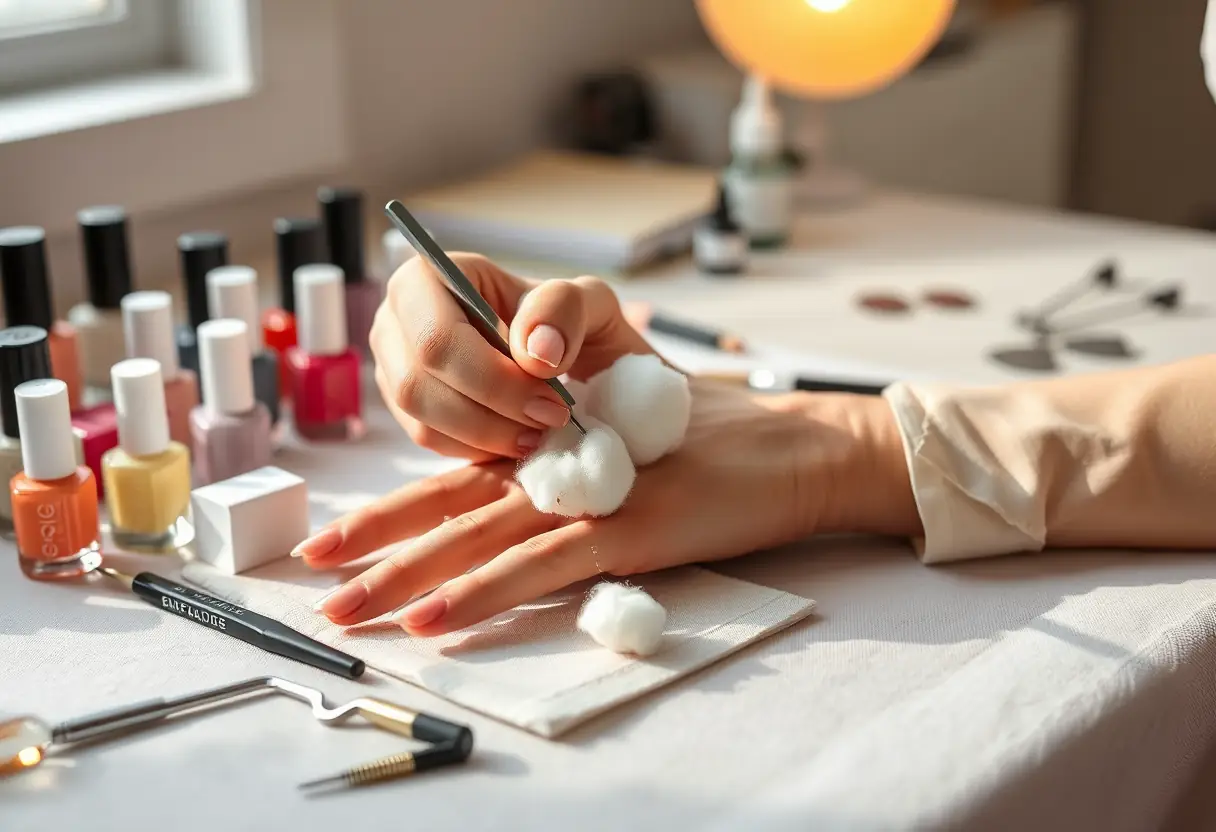 Main technicienne appliquant des compresses imbibées d'acétone sur des ongles acryliques