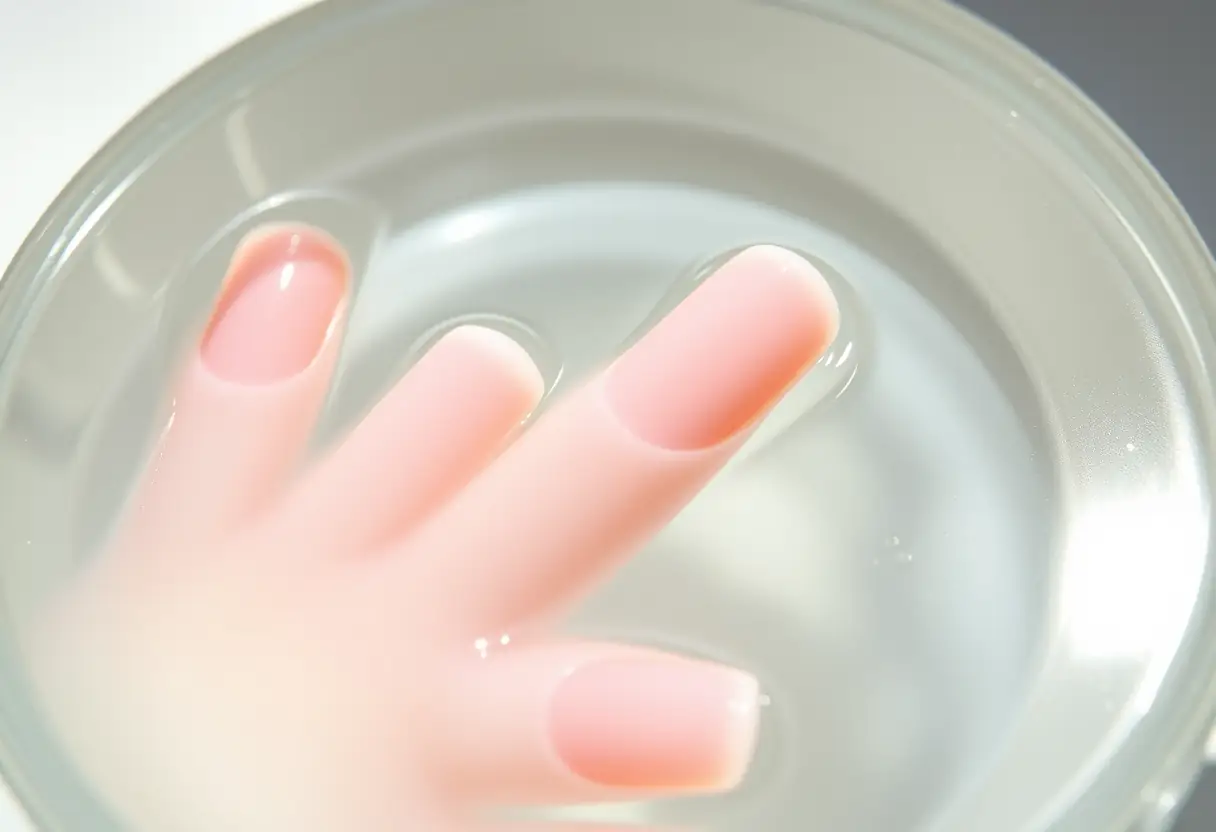 Ongles acryliques trempant dans un bol d'acétone
