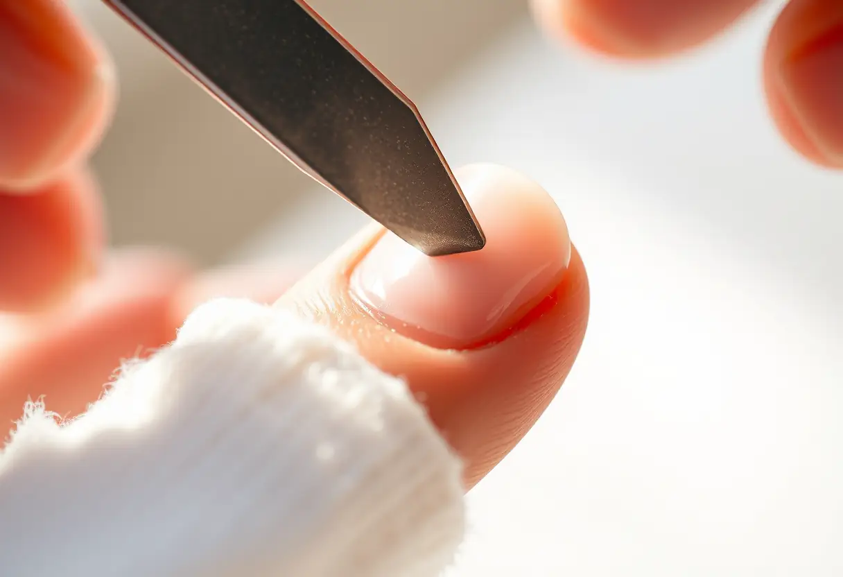 Une lime en train d'effleurer délicatement une french manucure, mettant en valeur la précaution nécessaire pour retirer le vernis sans endommager l'ongle