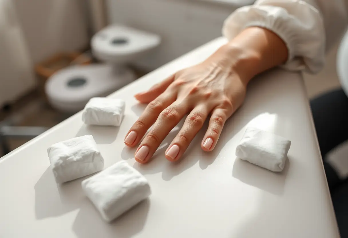 Une main posée sur une table de salon avec des cotons imbibés d'acétone près des ongles bien entretenus, illustrant la méthode douce de retrait de la french manucure