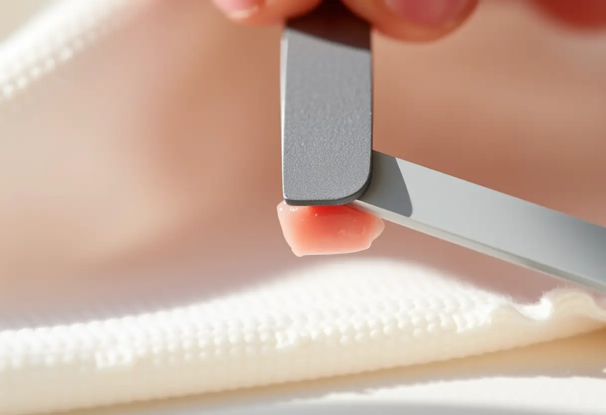 Un gant de buffing doux utilisé pour retirer délicatement la couche finale d'un vernis semi-permanent