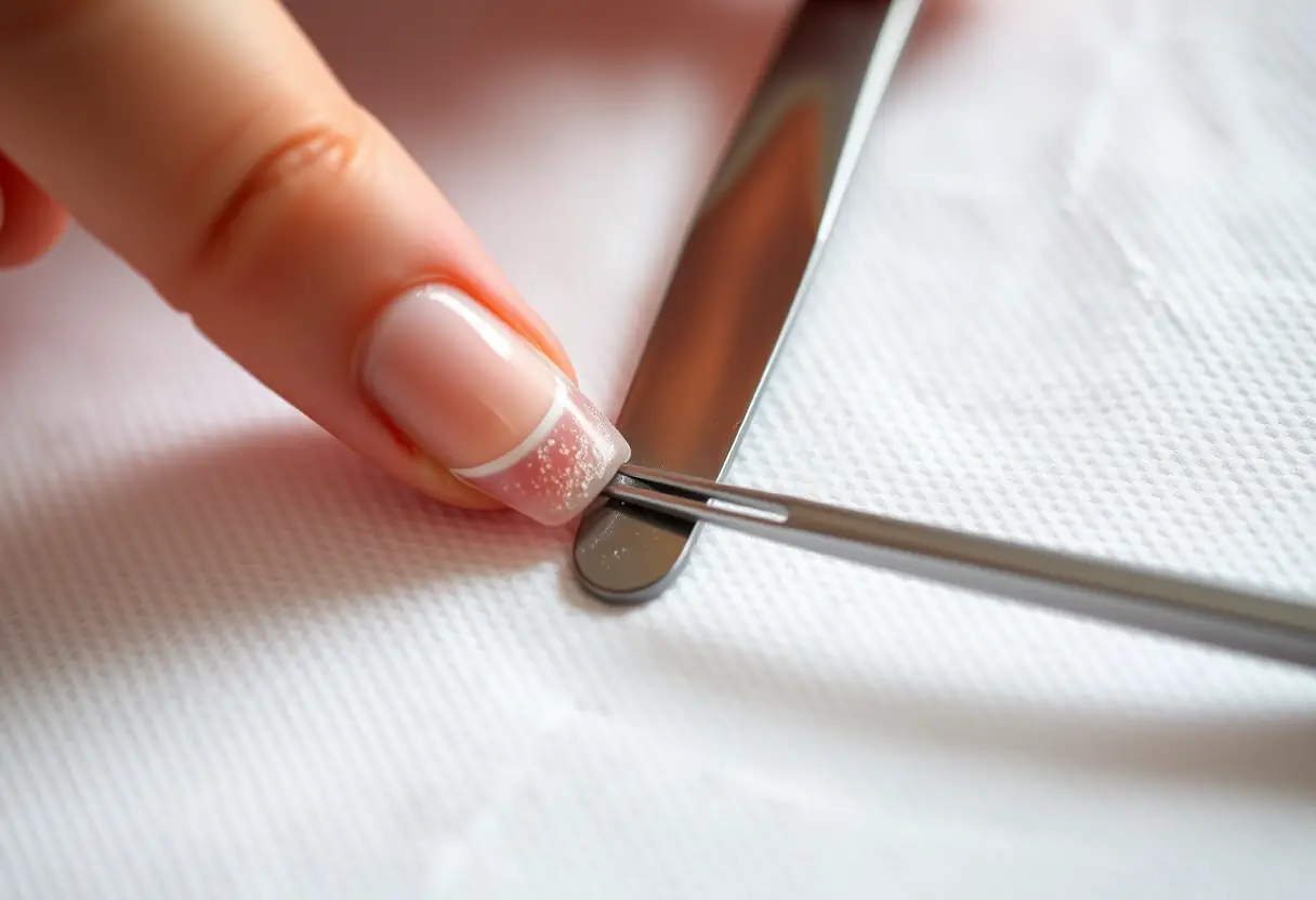 Un ciseau à ongles et une lime posés sur un linge blanc, accompagnant une french manucure en cours de réalisation